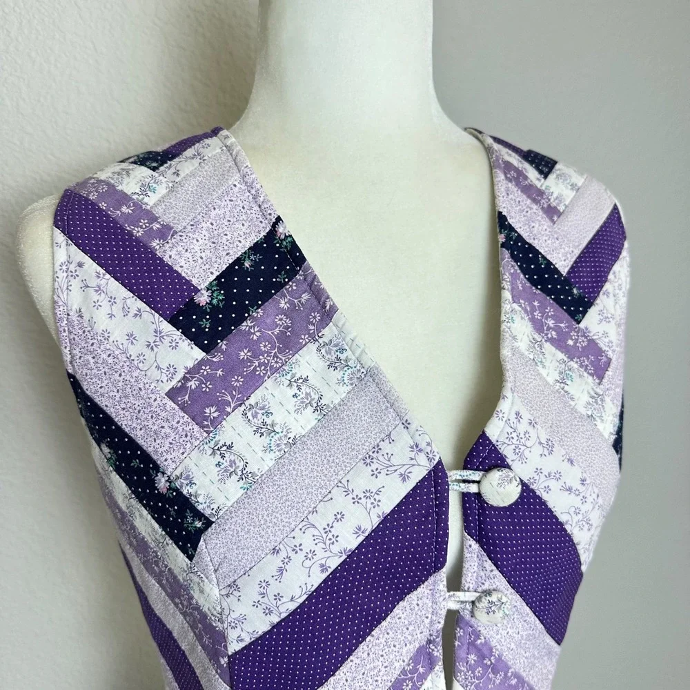 Handmade Purple Quilted Patchwork Vest‎ Floral Chevron Cottagecore XS Small